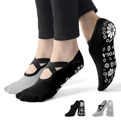 RainFlowwer Women's Pilates Socks Non-slip Breathable Elastic Dance Training Yoga Socks Combed Cotton Plus Size UK 4-8