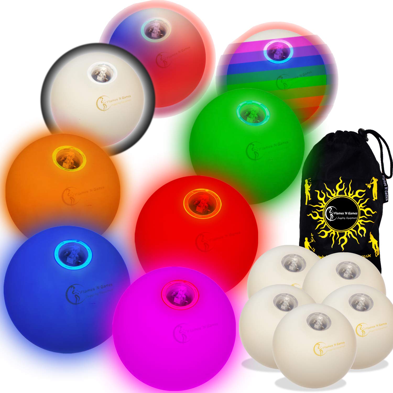 Flames 'N Games 5x Pro LED Glow Juggling Balls - Ultra-Bright Battery Powered Glow LED Juggling Ball Set of 5 with Drawstring Travel Bag! (Mix)