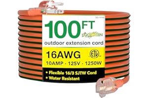 POWER BY GOGREEN Go Green Power Inc. 16/3 100ft Outdoor Extension Cord - Heavy Duty, Lighted End, Contractor Grade SJTW Cable - Moisture & Abrasion Resistant - GG-13700