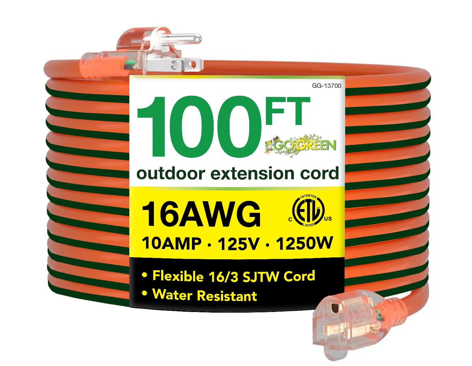 Go Green Power Inc. 16/3 100ft Outdoor Extension Cord – Heavy Duty, Lighted End, Contractor Grade SJTW Cable – Moisture & Abrasion Resistant – GG-13700
