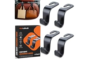 KULOLO Car Seat Hooks & Purse Holder - 4 Pack Boxed,55 lb Heavy Duty,Eco PP Car Hooks for Purse/Bag/Baby Gear/Gym Bag/Groceries/Cup/,Fits 0.32-0.55”Car Headrest Rods (Black)