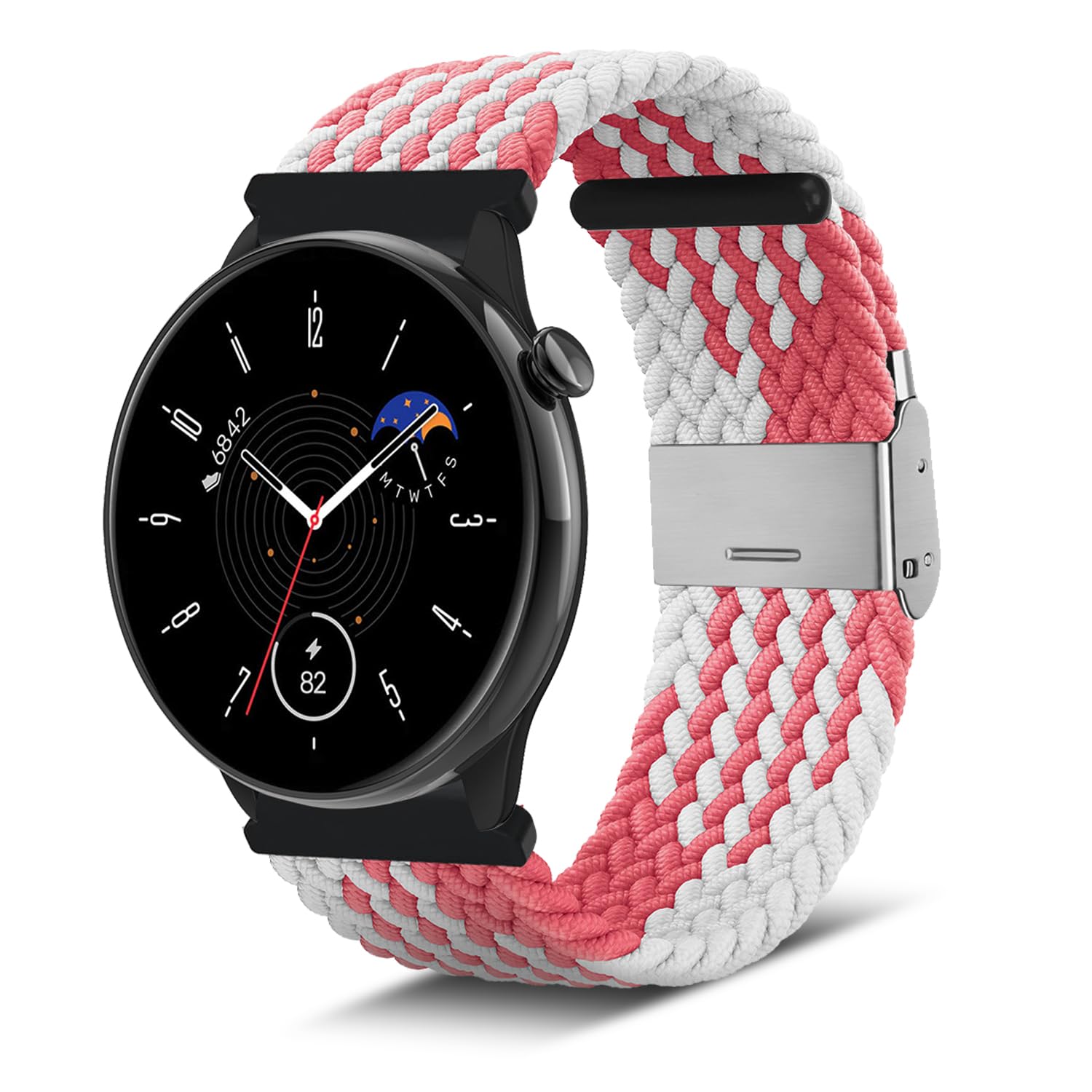 Niboow 20mm Strap for Amazfit T-Rex 3 Pro 44mm/Active 2/Active/GTS 4/GTS 4 Mini/GTS 3/GTS 2 Mini, Elastic Nylon Braided Watch Bands for Amazfit GTR Mini/Bip 3/Bip 3 Pro/Bip Lite/Bip U Pro - Pink/White