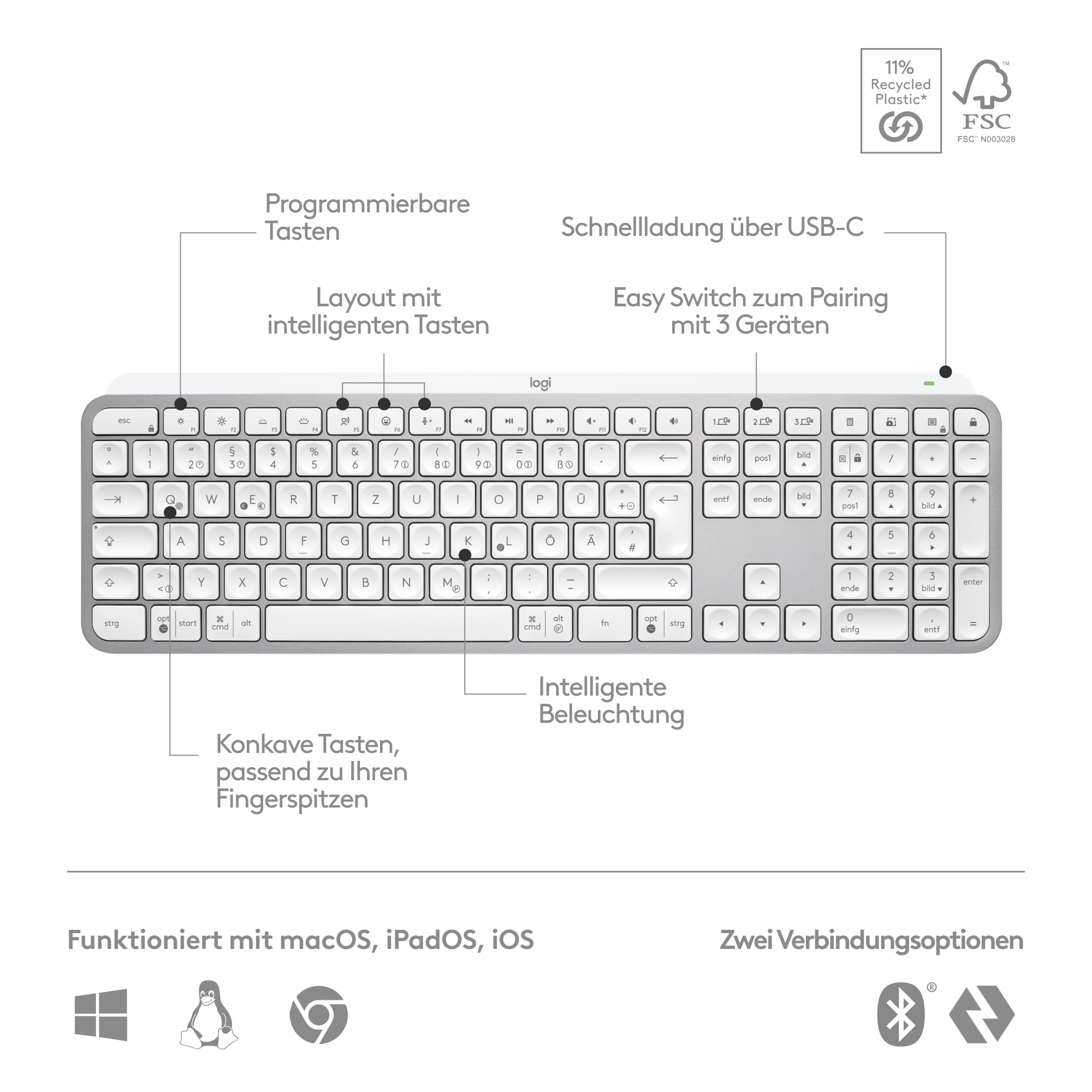 Logitech MX Keys S kabellose Tastatur, Low Profile, Fluid Quiet Typing, Programmable, Backlighting, Bluetooth, USB C Rechargeable, für Windows PC, Linux, Chrome, Mac, Deutsches QWERTZ, Pale Grey 6