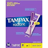 Tampax Radiant Tampons, with LeakGuard Braid, Regular Absorbency, Up to 100% Leak and Odor Free Protection, Unscented, 14 Cou