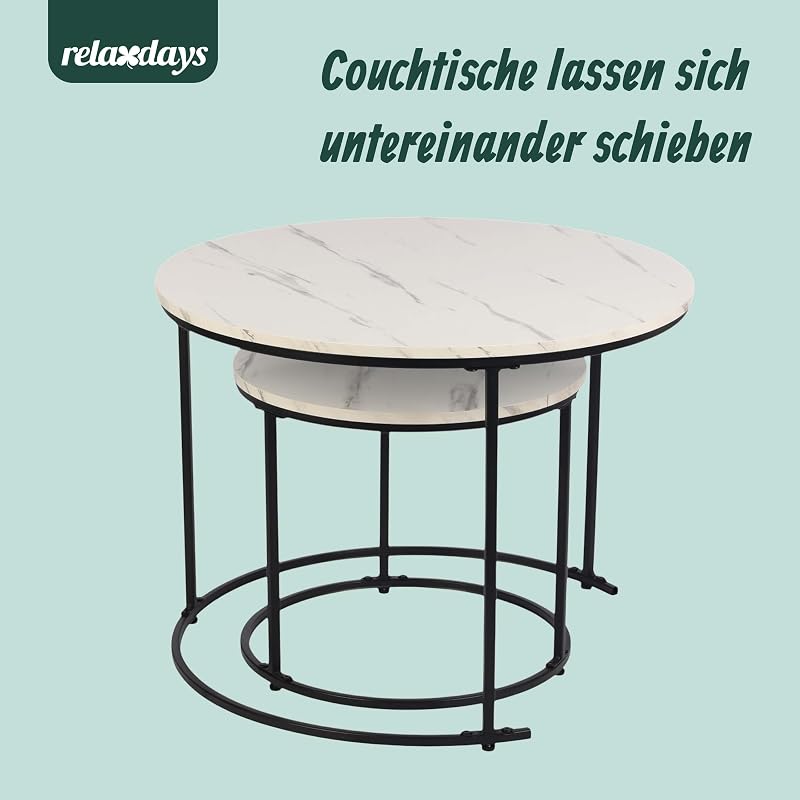 Satztisch, 2er Set, 2 Größen, Marmoroptik, Metall, weiß, schwarz