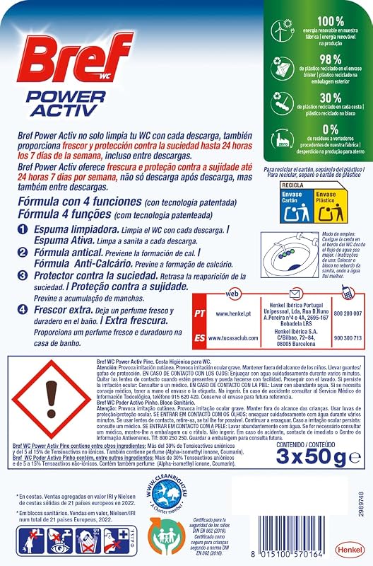 Cesto sanitário bref power activ natura (3 unidades), limpador de banheiro para um banheiro sempre limpo e fresco, limpador de banheiro com fórmula anti-calcário que remove a sujeira