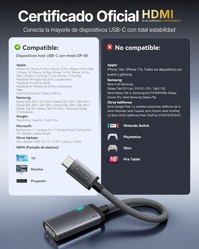 Adaptador USB C a HDMI, Certificación HDMI Oficial 4K@60Hz