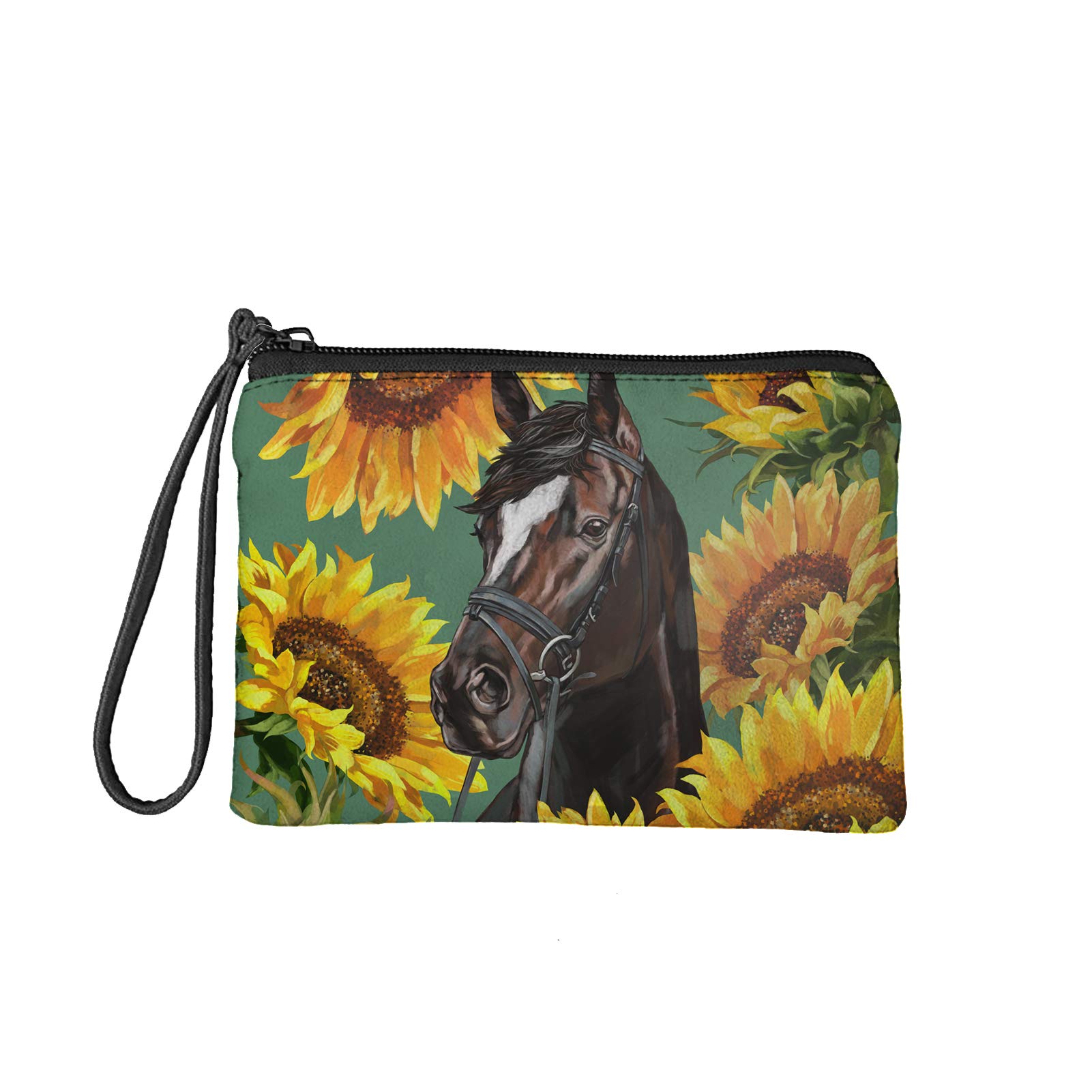 COEQINE Coin Purse for Women Sunflower and Horse Print Small Soft Wallet Mini Card Holder Organizer Fashion Casual Travel Tote Handbag