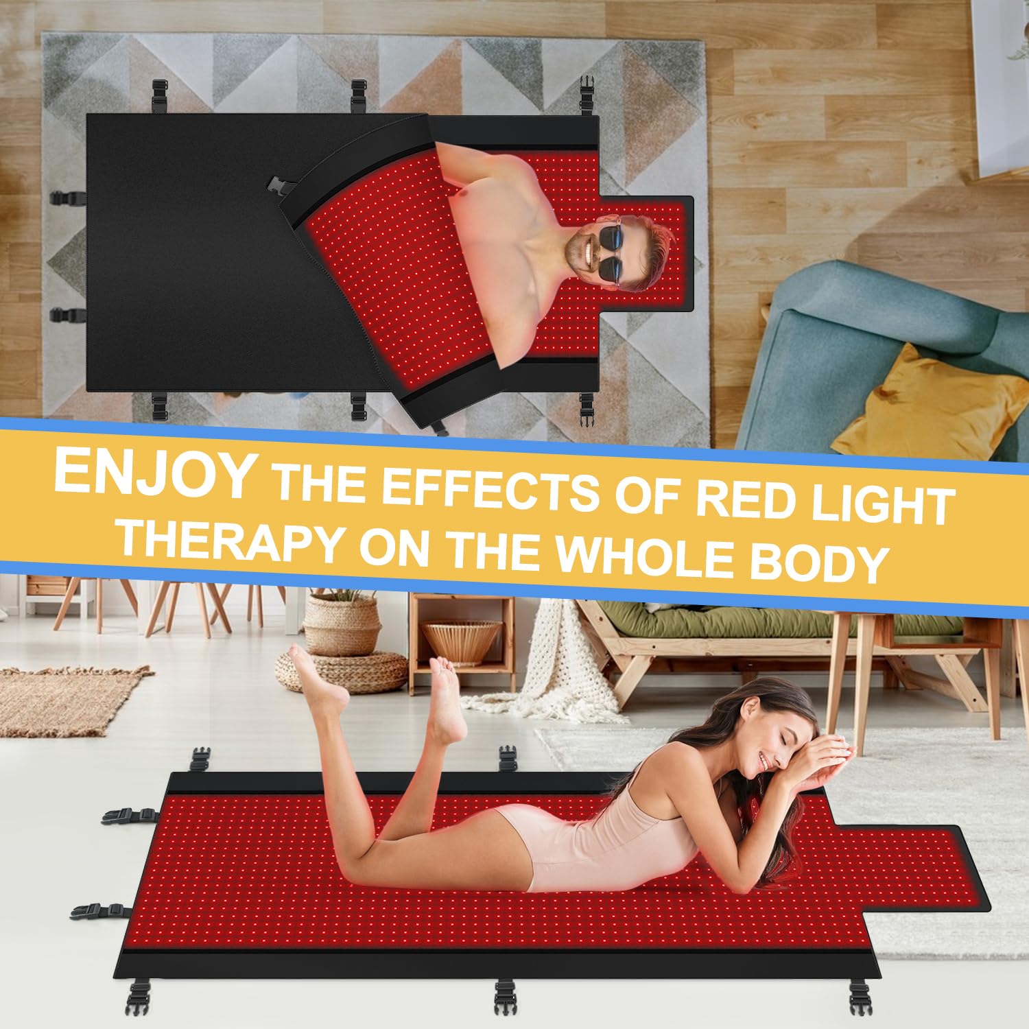 Kaoudt 2025 New Dual Wavelength LED Beads 660nm&850nm Red Light Therapy Mat Full Body Used to Relieve Pain 71''x 33''（Black）