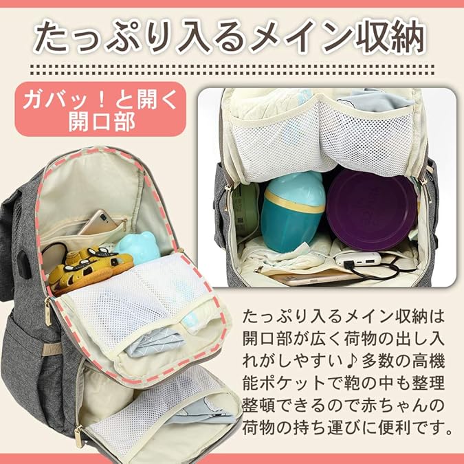 Amazon Honey Blue マザーズバッグ リュック マザーズリュック ママバッグ メンズ レディース 軽量 大容量 高密度クッション 保温ポケット グレー マザーズバッグ