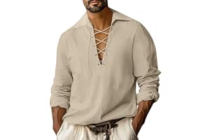 LVCBL Vintage Lace Up Linen Blend Shirt for Men Long Sleeve Pirate Style Collared Breathable Relaxed Fit