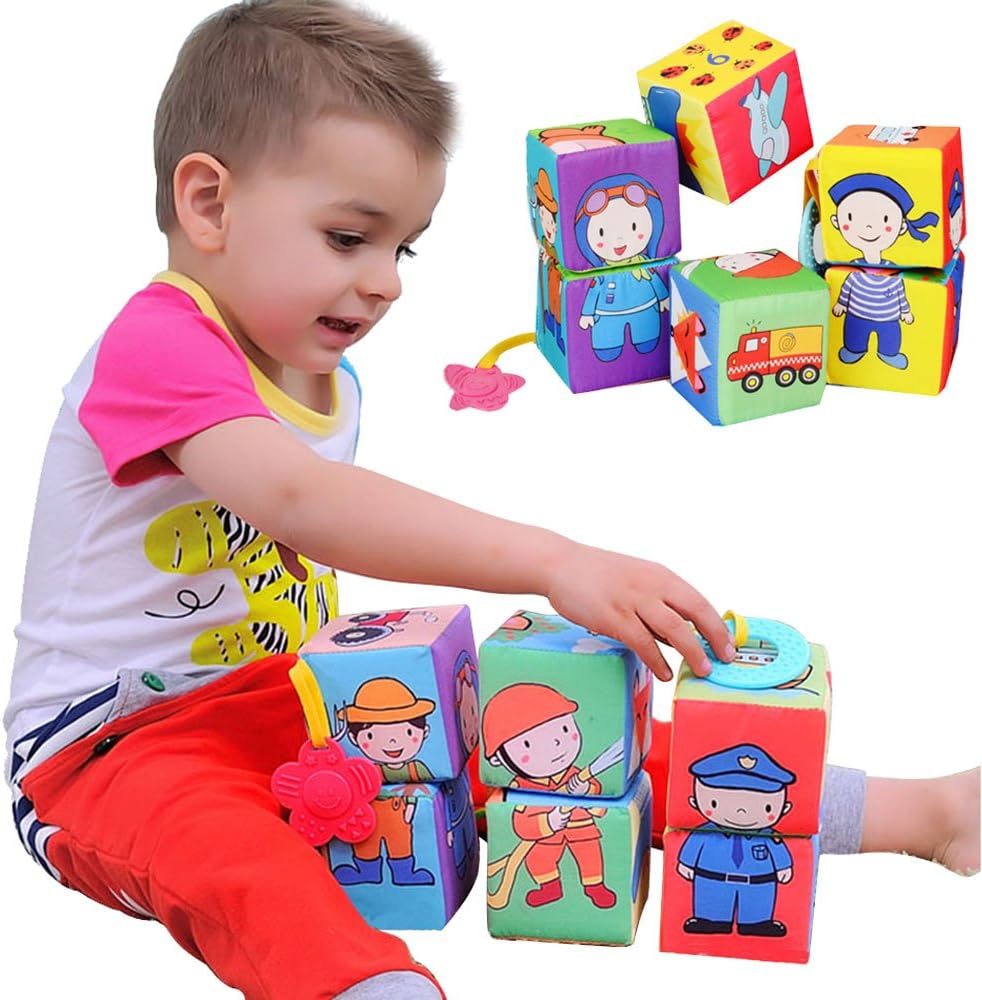 MAMMA 6 pcs Baby Jigsaw Toy Velvet Cloth Building Blocks Cube Puzzle Rattle Toys with Bell