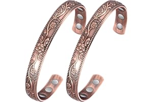 Jecanori 2Pcs Magnetic Copper Bracelets for Women, Vintage Flower 99.99% Pure Copper Bracelets with 3500 Gauss Magnets, Adjustable Cuff Jewelry with Gift Box