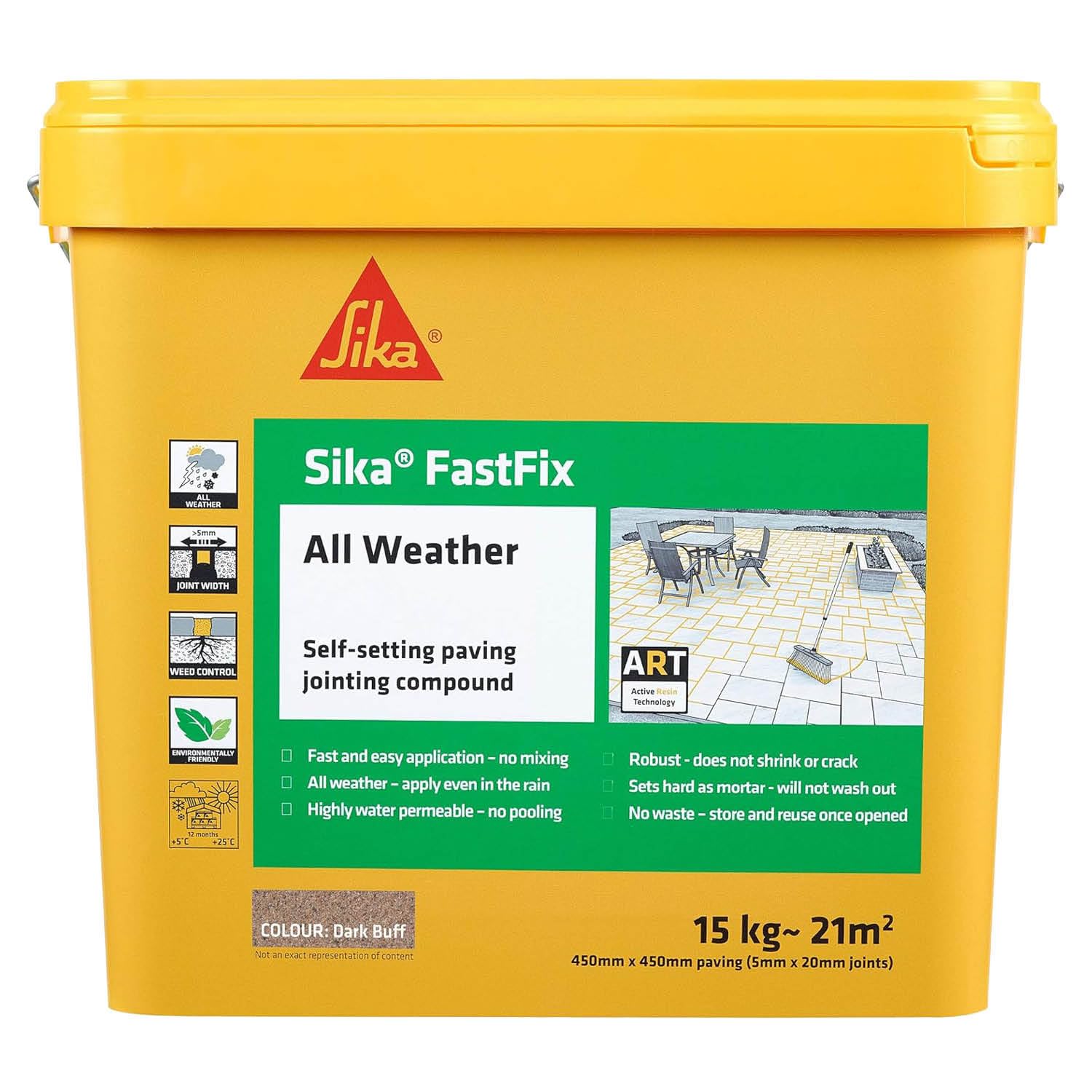 Sika – FastFix All Weather Self-Setting Paving Jointing Compound – Ready to Use – No Mixing Required – Dark Buff – 15kg – 21 sq. m