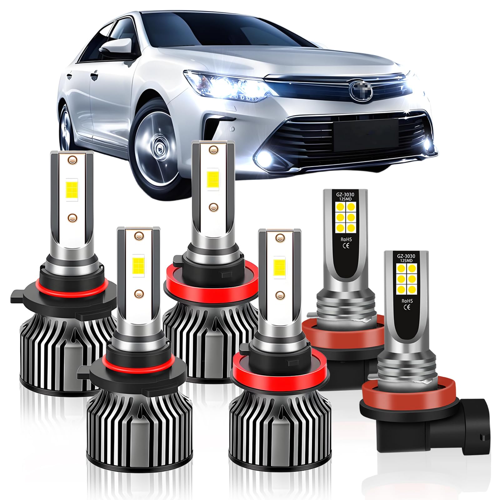 Photo 1 of Compatible For Toyota Camry 2007 2008 2009 2010 2011 2012 2013 2014 High Beam+Low Beam+Fog Light Bulbs Combo Pack, 6500K White, 400% Brightness with Cooling Fan, Plug and Play, Waterproof, Pack of 6