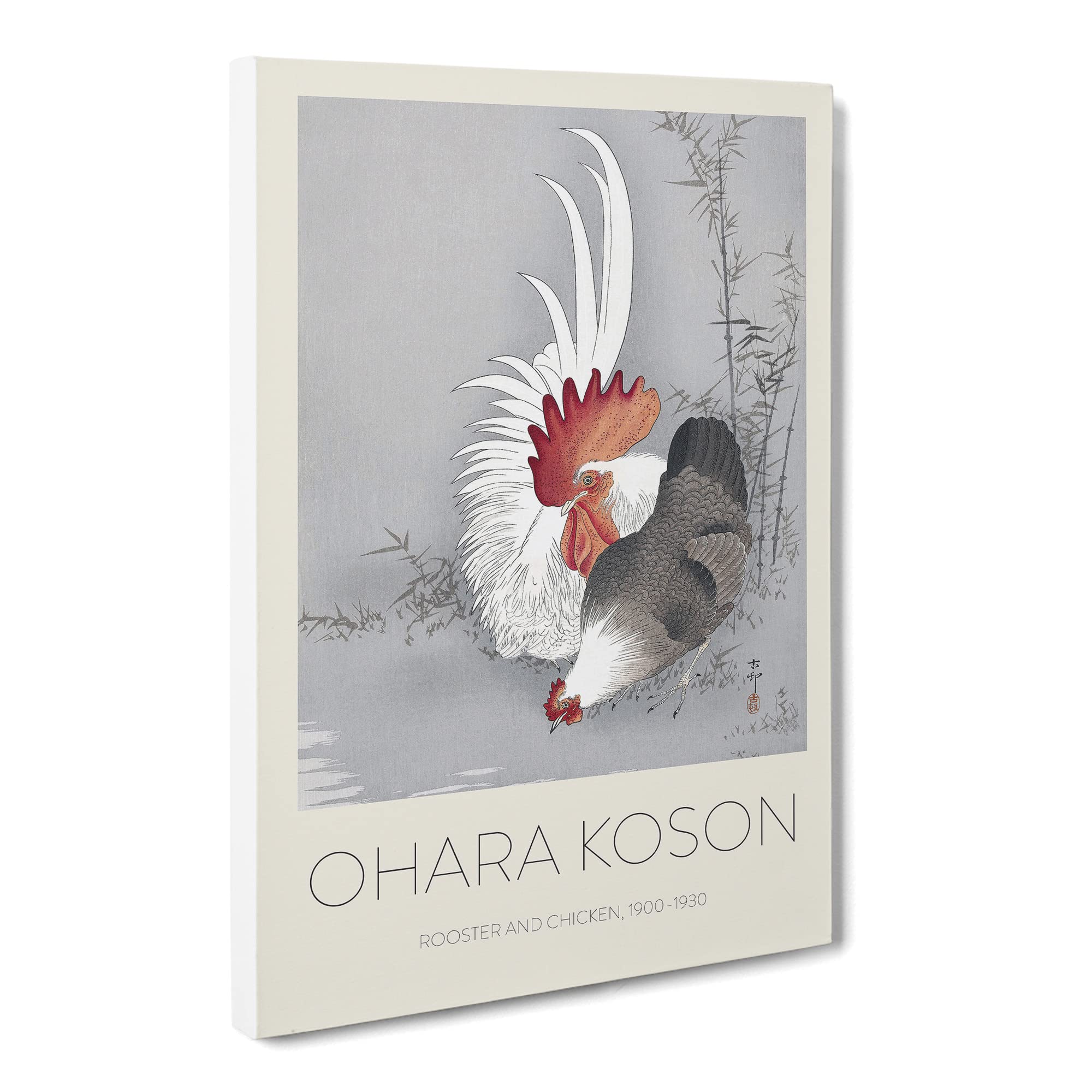 Rooster & Chicken By Ohara Koson Canvas Print | Gallery Wrapped 30mm Frame Wall Art | 20x14 inches | Ready to Hang | Asian Picture | Living Room Bedroom Lounge Office