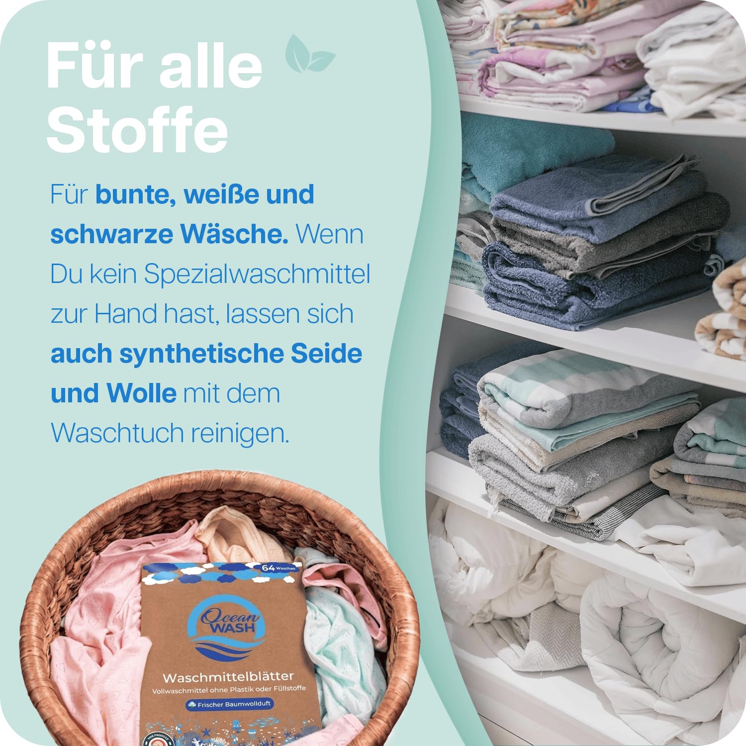 OceanWash Waschmittelblätter für 64 Wäschen biologisch abbaubar & mit Frischeduft - Waschmittel Blätter für alle Textilien und Farben - Waschblätter für die Waschmaschine mit Vollwaschmittel 4