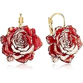 JIUIQL Red Resin Rose Flower 14K Gold Dangle Drop Earrings Camellia Floral Leverback Earring For Woman