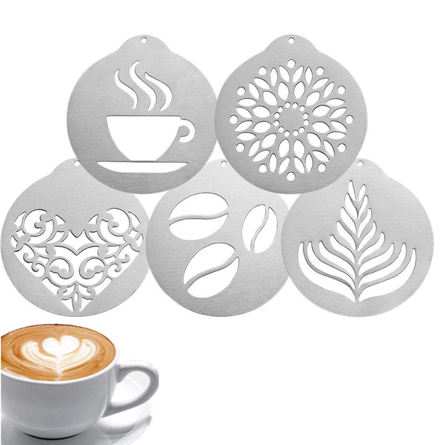 Stainless Steel Coffee Stencils - Barista Cappuccino Arts Templates (5PCS)
