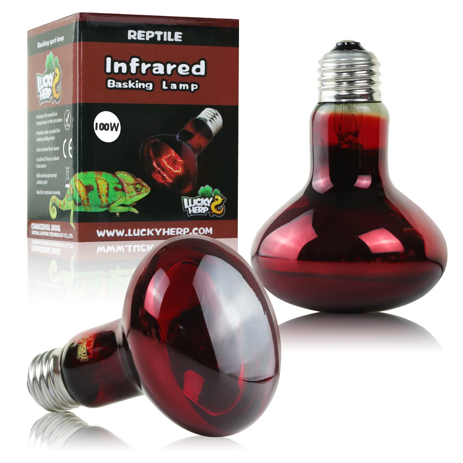 LUCKY HERP Infrared Heat Lamp Bulb, Reptile Basking Spot Light Bulb 100W-2Pack, E27 Red Heat Lamp for Amphibian, Tortoise, Snakes, Bearded Dragon, Lizard, Chicks