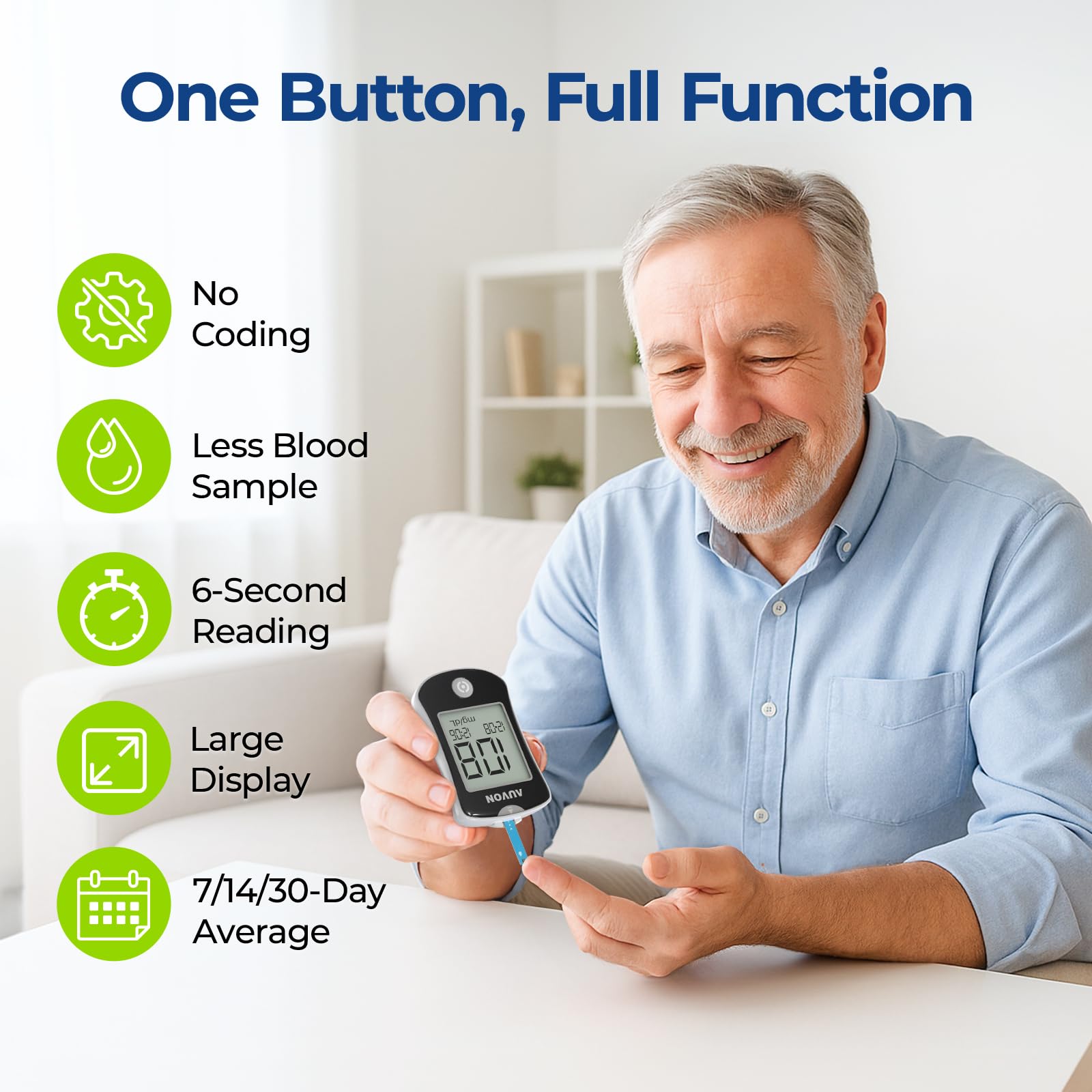 AUVON Blood Glucose Monitor Kit, High Accuracy Blood Sugar Test Kit with 50 Glucometer Strips, 50 30G Lancets, 1 Lancing Devices, DS-W Diabetes Testing Kit, No Coding Required, Travel Size