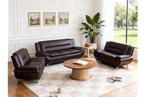 Trygoal Sofa and Loveseat Set, Leather Living Room Set with Metal Legs, 3 Piece Living Room Furniture, Modern 3-Seater Sofa + 2-Seater Loveseat + Accent Chair Sets, for Home Office, Brown