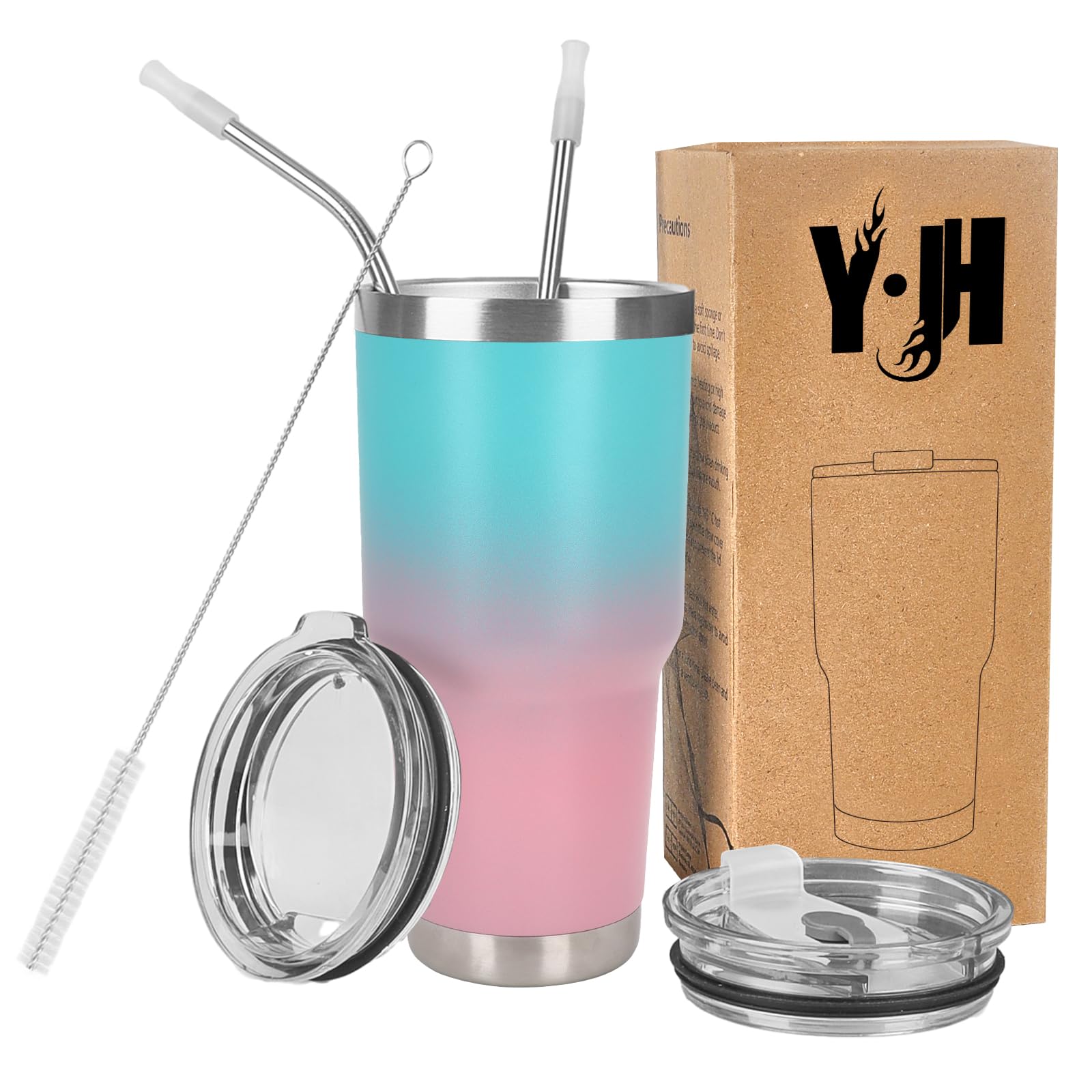 Y·J&H 30oz (850ml) Travel Tumbler Double Wall Vacuum Insulated Coffee Mug Stainless Steel Coffee Cup with 2 Splash Proof Lid, 2 Straws & Free Cleaning Brush, BPA Free - Turquoise&Pink