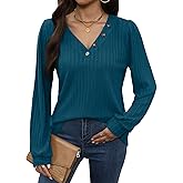 For G and PL Women's Fall Casual V Neck Button Shirt Puff Sleeve Ribbed Knit Tunic Top