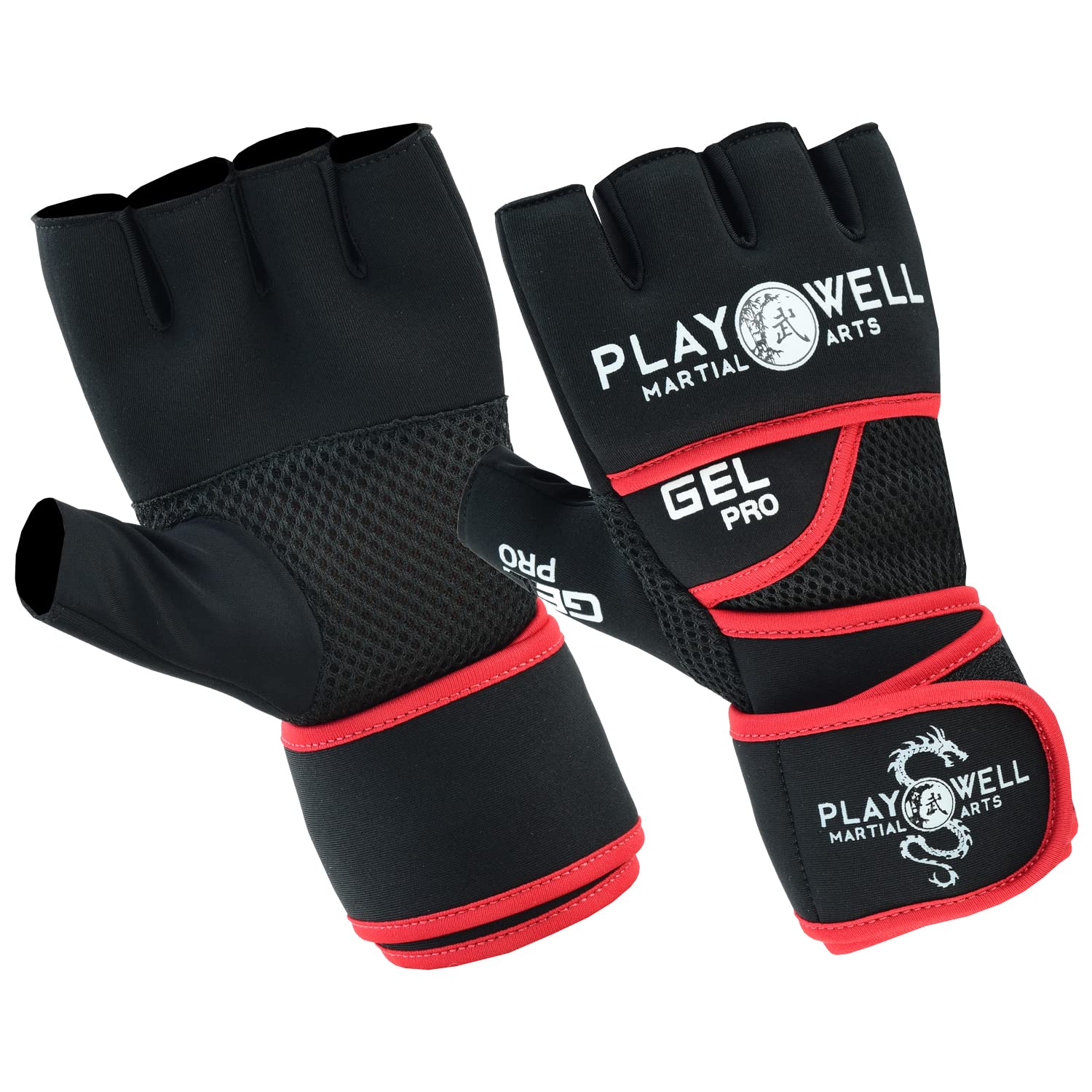 Playwell Elite Pro Gel Boxing Hand Wrap Inner Gloves - Black/Red - NEW (S/M)