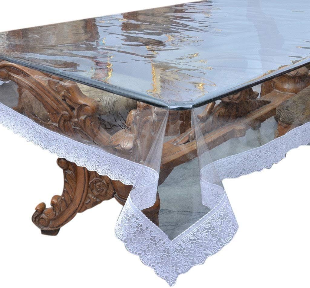 Jenylinen Beautiful Crystal Clear Table Cover with White Lace Border in 60" x 84" Oval Size PVC Tablecloth Protector - Made