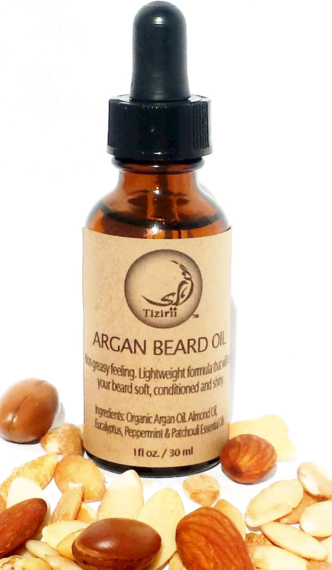 Tizirii Argan All Natural Beard Oil Blend for Men; Premium Organic ECOCERT Certified Moroccan Argan Oil and Almond Oil with Uplifting Peppermint Essential Oil Blend; 1 oz. ounce, 30 ml, glass bottle with dropper, conditioner and fast absorbing, non-greasy formula, for a Soft kissable beard