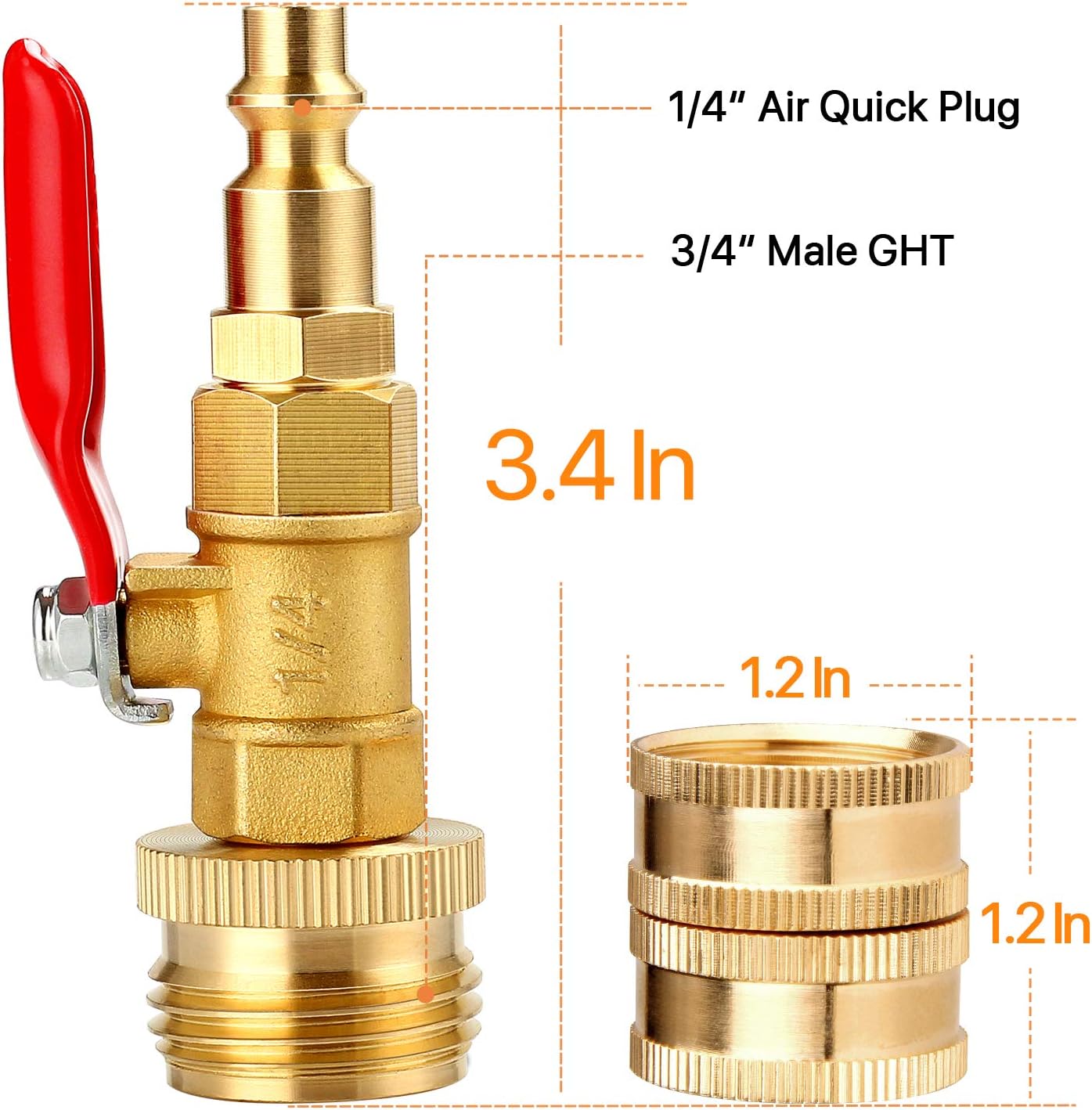 Dual Purpose Winterize Adapter with Quick Plug&3/4" GHT Thread, Brass Made Winterizing Quick Fitting with Ball Valve, Easy Blow Out Water to Winterize RV/camper/boat/trailer/Garden Hose Water Lines - - 