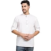 SKAVIJ Men’s Cotton Linen Kurta Shirt – Long Sleeve Henley with Mandarin Collar Roll-Up Sleeves Casual Ethnic Tunic Top