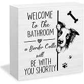 HYKDFMNCJ Funny Border Collie Dog Bathroom Wooden Box Sign Desk Decor, Border Collie Gifts, Humorous Dog Wood Signs for Bathroom Toilet Washroom Restroom Shelf Counter Decor, 5x5 Inch
