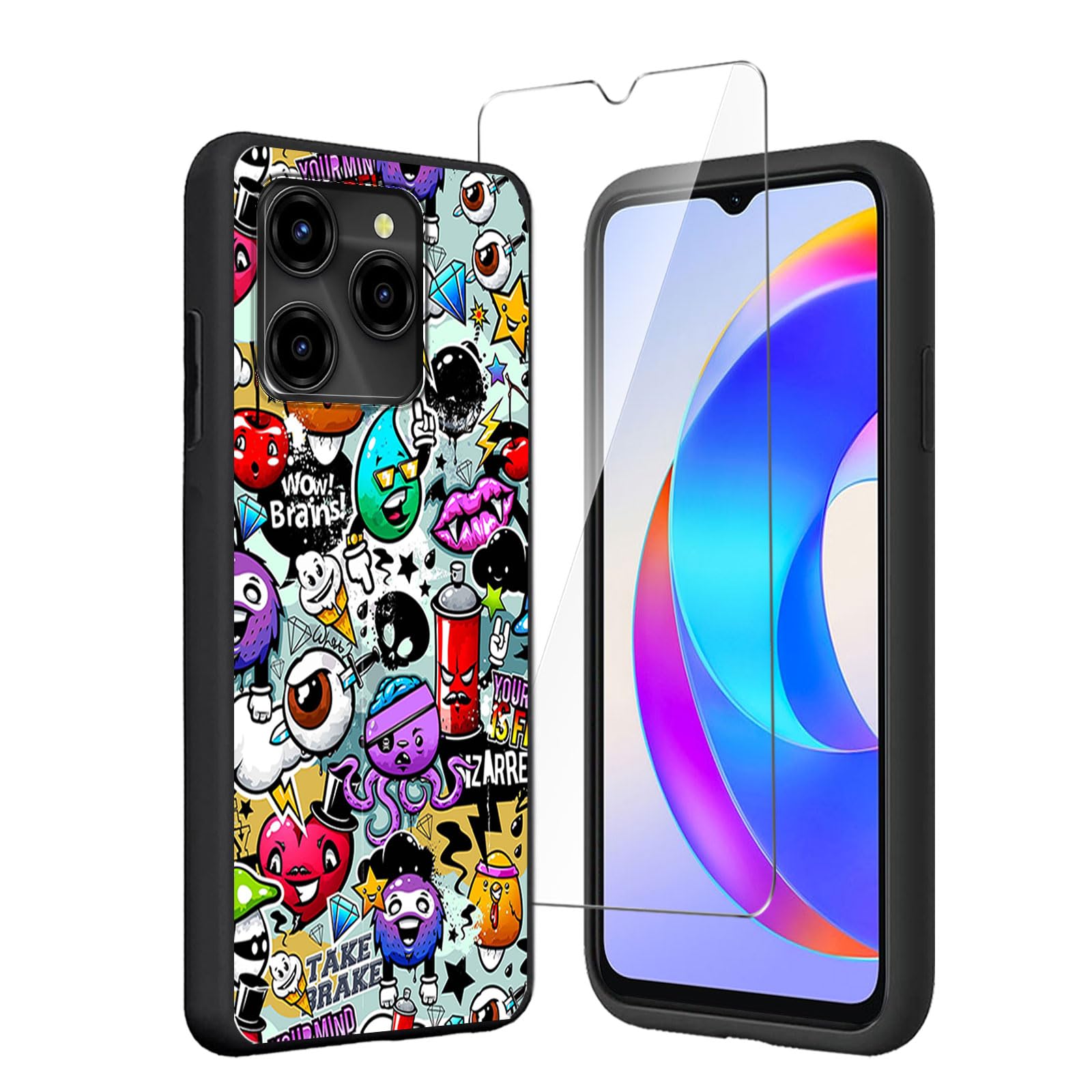 LYZXMY Case for Oukitel C50 (6.8") + Tempered Film Glass Screen Protector - Black Silicone Soft TPU Cover Shell - Monster