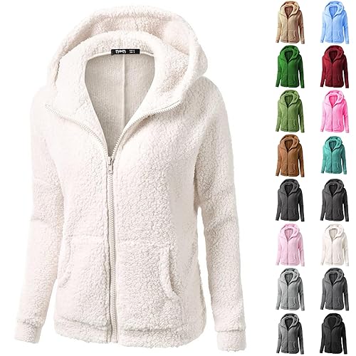 Angxiwan white fleece jacket women Zip up Hoodie Women Warm Fleece Jacket With Pockets Cosy Long Sleeve Sherpa Teddy Hoodies Lightweight Autumn Winter Jackets for Cold Weather womens zip up hoodies