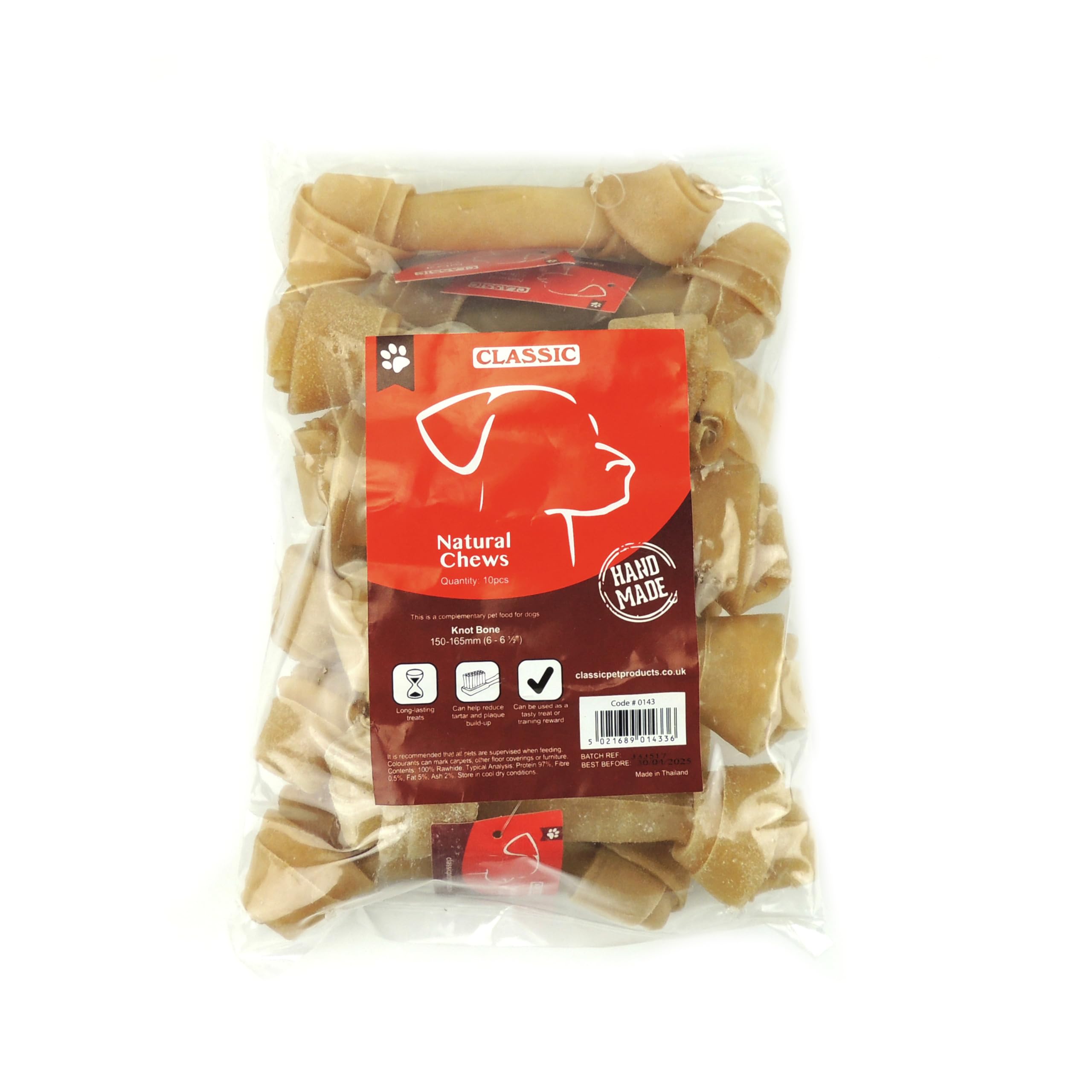 CLASSIC Rawhide Knot Bone, 150-165 mm/ 6-6.5-inch, Pack of 10