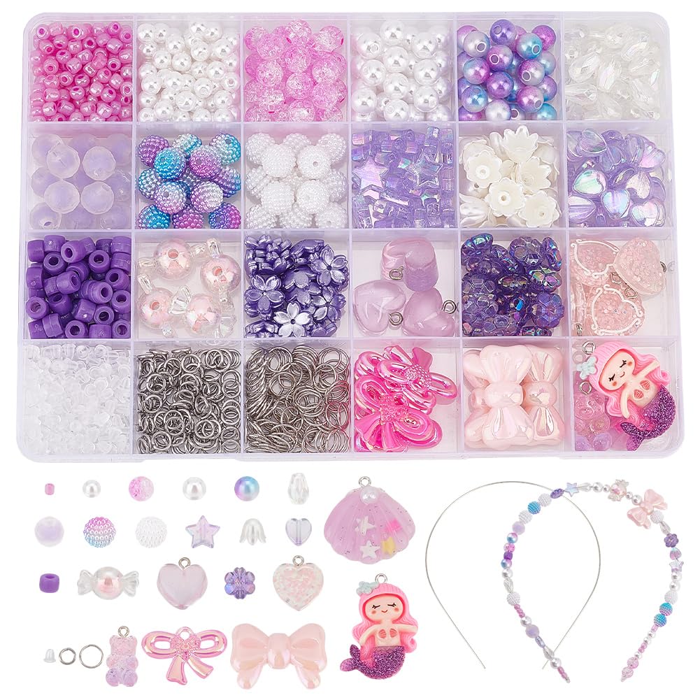 GOMAKERER Purple Acrylic Beads Kit - Round Pearl, Heart, Flower, Candy & Mermaid Charm Beads - DIY Jewelry Making Kit for Adults - Unisex - Small to Medium Size - Not Foldable