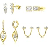 4 Pairs Hoop Dangle Earrings stud-earrings Sets,18K Yellow Gold Plated Irregular Earrings Set Dainty Cubic Zirconia Earrings Stacks for Women
