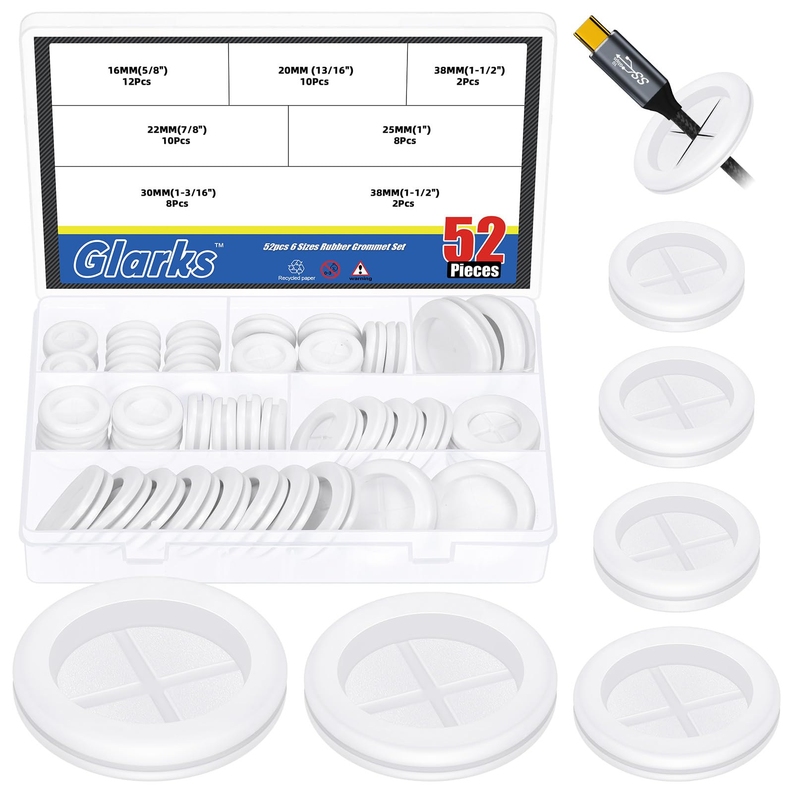 Glarks 52pcs 6 Sizes Double Sided Round Rubber Hole Plug Set, White Rubber Grommet Double Sided Electrical Wire Gaskets, Hole Synthetic Rubber Plug for Wire, Cable Protection