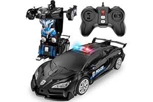 LNNKINE Remote Control Car, Transform Robot RC Cars, 2.4Ghz Transforming Police Car Toy with LED Light, One-Button Deformation and 360° Rotating Drifting, Toys for Boys Age 4-7 8-12