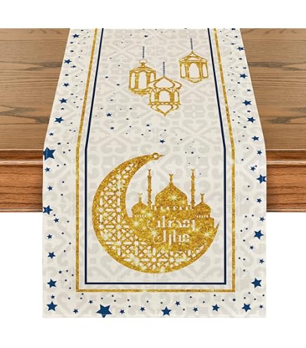 Camino De Mesa Eid Mubarak Ramadan Kareem - Diseño Con Mezquita, Luna Y Estrellas Doradas, 13x72 Pulgadas, Poliéster