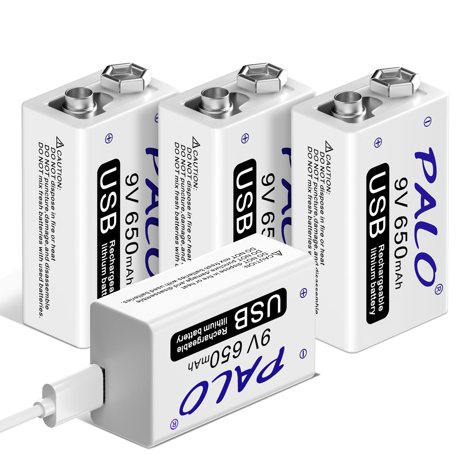 CITYORK 4Pack 9V USB 650mAh Li-ion rechargeable battery with 2 in 1 USB cable for keyboard microphone smoke alarm