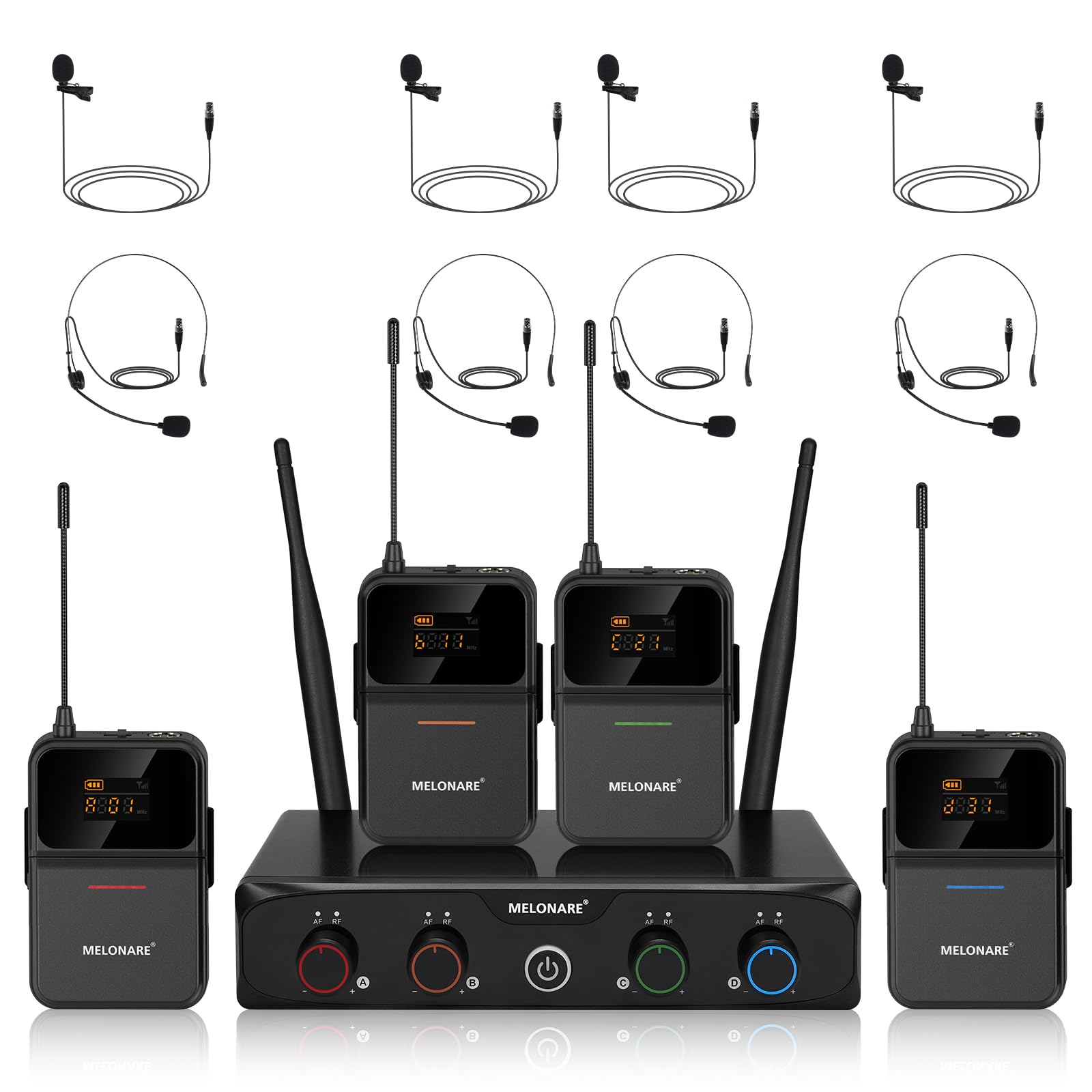 MELONARE 4-Channel Wireless Microphone System,UHF Compact Cordless Mic Set w/ 4x10 Frequencies, 200ft Range, 4 Bodypacks & Headset/Lapel Microphones for Singing, Church, Conference (MWM-41-4B)