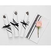 Solino Home Linen Dinner Napkins 20 x 20 Inch - 100% Pure Linen French Stripe Black and White Napkins Set of 4 for Winter, Spring, Mothers Day