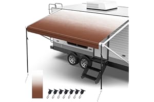 Fonzier 18oz RV Awning Fabric Replacement, Heavy Duty Vinyl, with Awning Tie Down Kits & 7 Awning Hooks & Pull Strap for Trailer Camper Awning- 13'(Fabric 12'2"), Sand Brown Fade