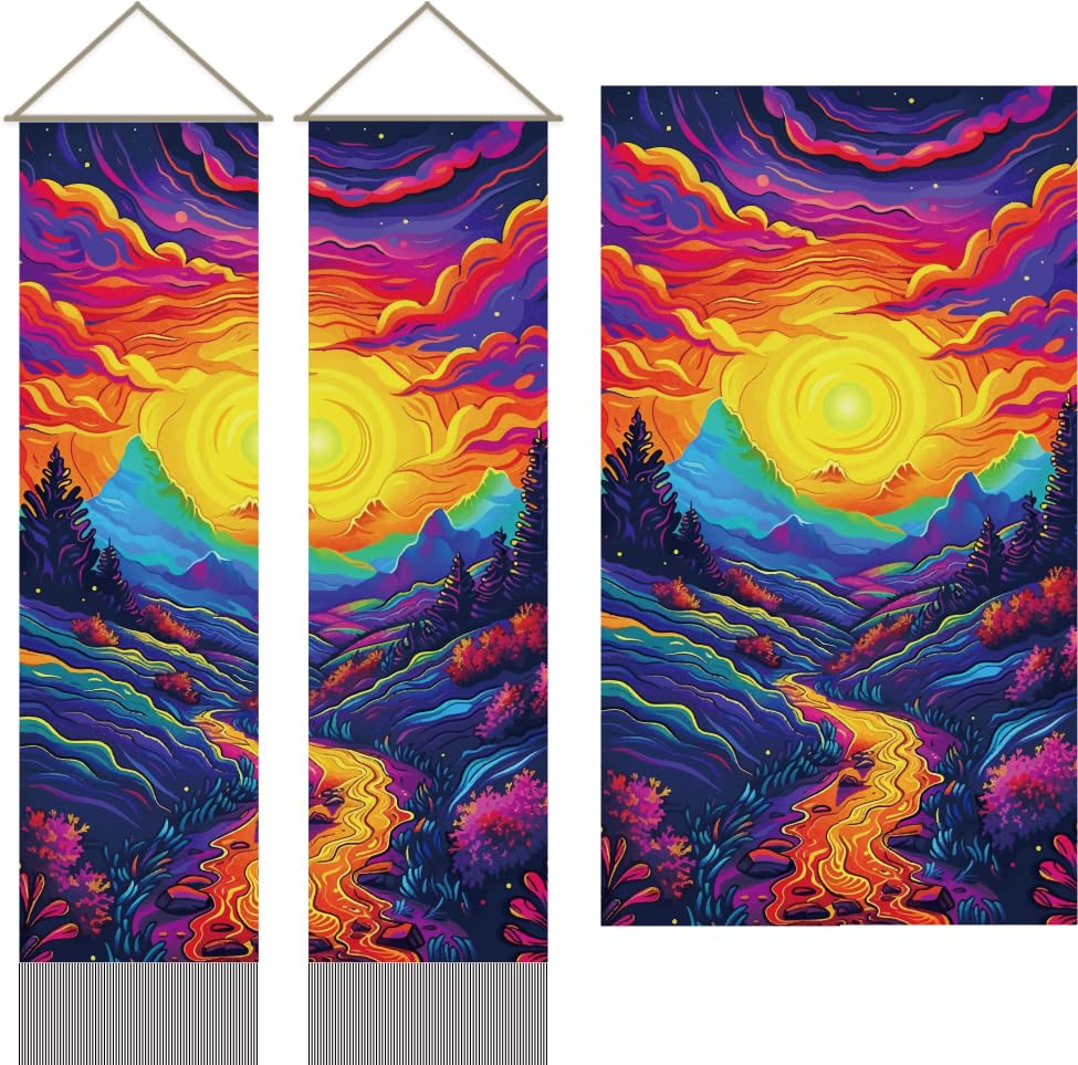 AHANDMAKER 2Pcs Colorful Sun Mountain Tapestry, Sunrise Forest Long Vertical Tapestry Wall Hanging, Forest Lake Tassel Wall Tapestry Psychedelic Mountain Tapestry for Bedroom Living Room(45.7x13 Inch)