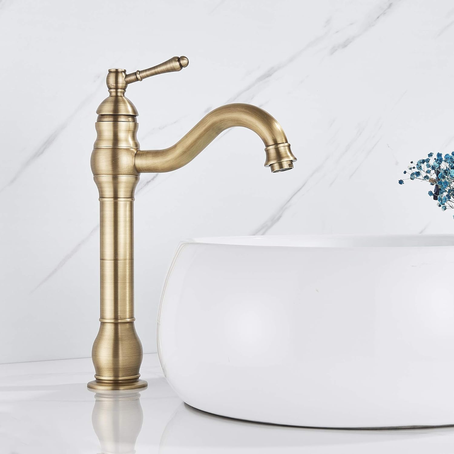 Rozin Antique Brass Bathroom Sink Tap Single Handle 360° Rotable Spout Deck Mounted Mixer Tap, Antique Brass Tall, Tall - Image 3