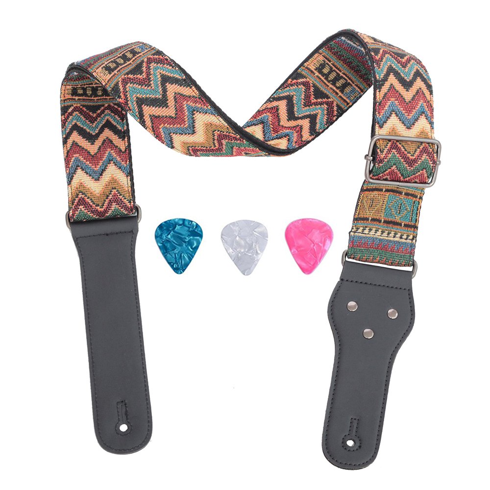 Rufun Guitar Strap Retro Adjustable Jacquard Weave Vintage Accessory for Basse Electric Acoustic Guitar, 3 Picks Included (Wave Blue)