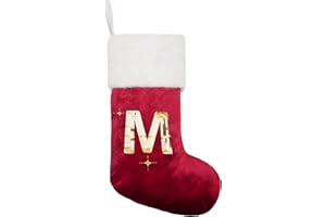 BHD BEAUTY Initial Christmas Stockings Red Velvet Gold Sequin Soft Faux Fur 20 Inches Embroidery Monogrammed Stocking Pattern for Family Decorations Hanging Ornament for Xmas Holiday Party Letter M